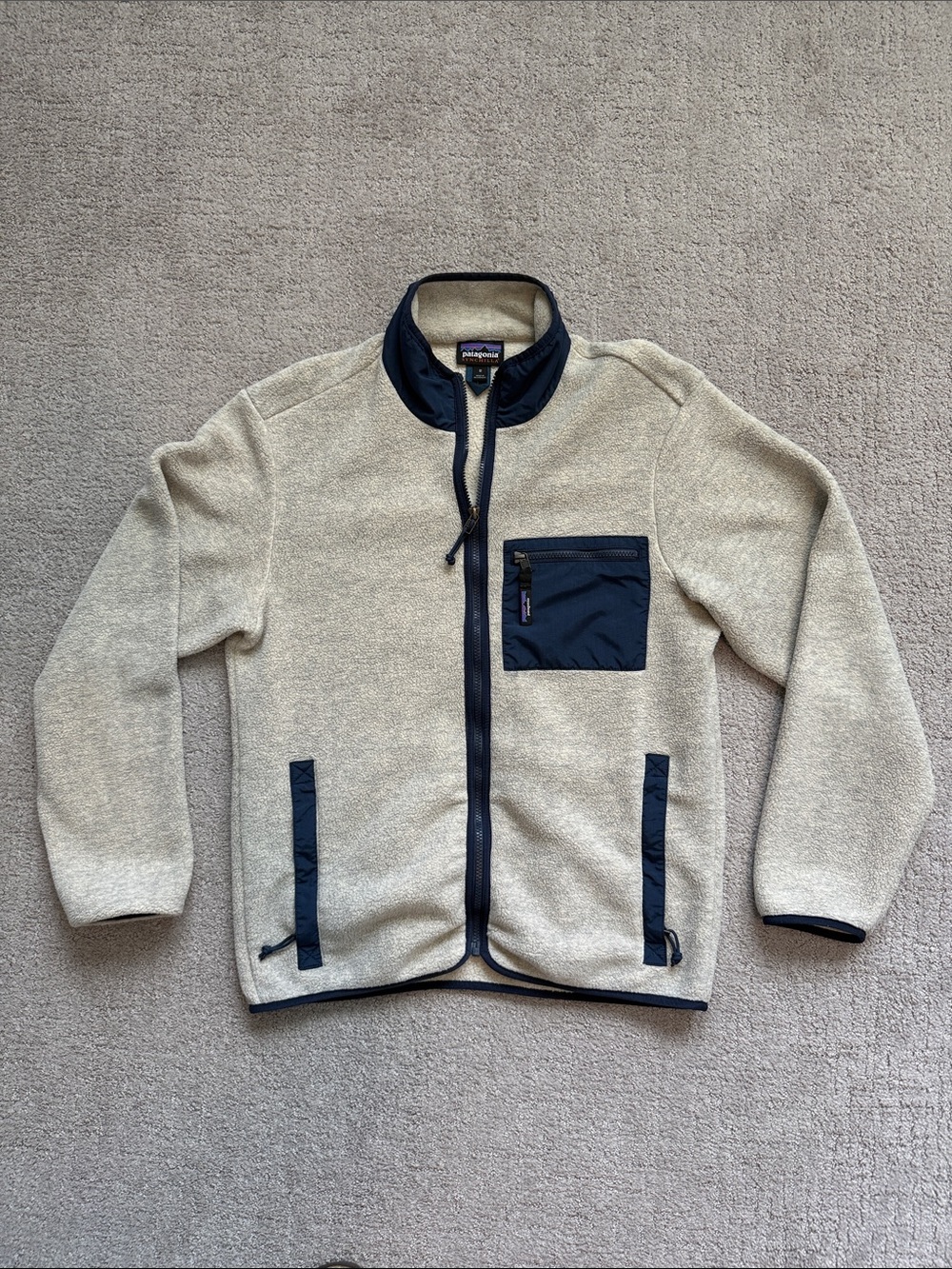 Patagonia Men's Oatmeal Heather Synchilla Fleece Jacket with Navy Trim